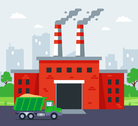 red brick factory with smoking chimneys on the background of the city. flat vector illustration.のイラスト素材