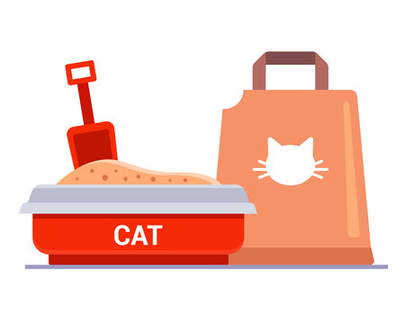 kit for cat litter. bag with filler for the tray. flat vector illustration isolated on white background.のイラスト素材