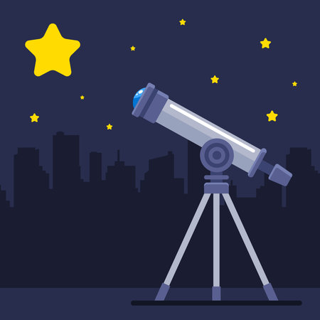 telescope observes a large yellow star. the discovery of a new planet. flat vector illustration.のイラスト素材
