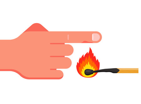 burn your index finger with a burning match. flat vector illustration isolated on white background.のイラスト素材