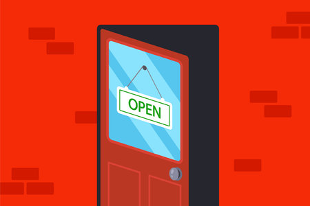 wooden door with a sign open. flat vector illustration.のイラスト素材