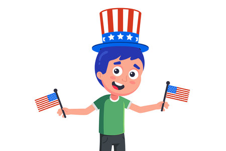young American in hat and with flags celebrating independence day. flat character vector illustration isolated on white background.のイラスト素材