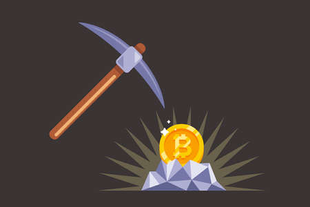 mining bitcoin with a pickaxe in the mine. gold coin in stone. flat vector illustration.のイラスト素材