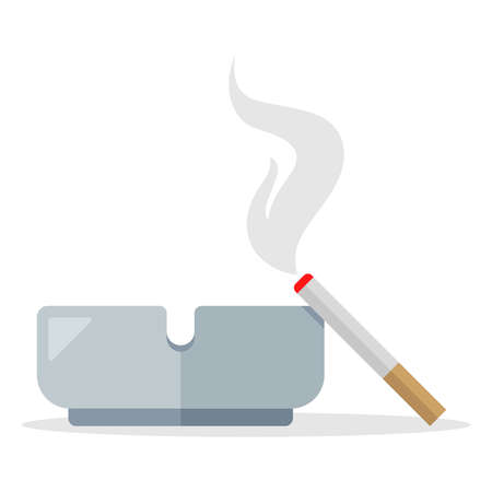 cigarette smoke from a cigarette lies on an ashtray. flat vector illustration isolated on white background.のイラスト素材