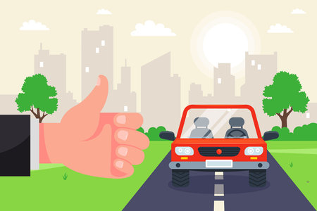catch a car on the hitchhiking track. travel by car around the country. flat vector illustration.のイラスト素材