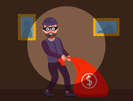 the robber was caught red-handed. the guards detained the burglar of the apartment. robbery of a private house at night. flat vector character illustration.のイラスト素材