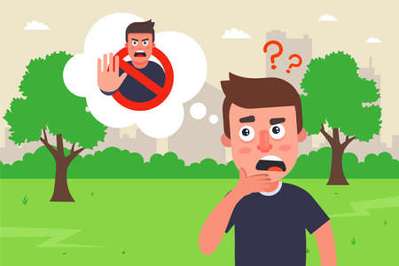thinking about prohibition or permission. internal psychological blocks of a person. flat vector illustration.のイラスト素材