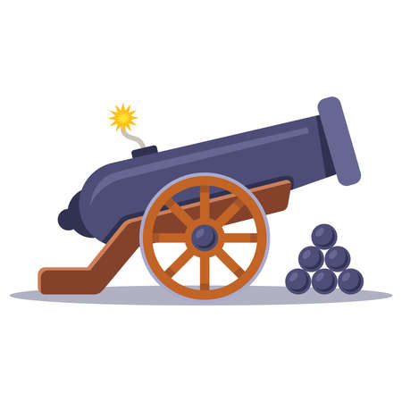 old military cannon with a lit wick. flat vector illustration.のイラスト素材