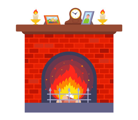 cozy red brick fireplace. home for heating the room. flat vector illustration.のイラスト素材