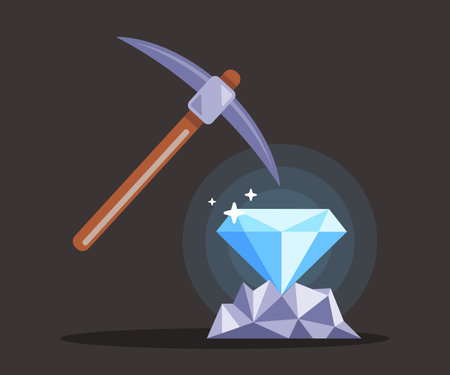 search for diamonds in the mine with a pickaxe. extraction of jewelry. flat vector illustration.のイラスト素材