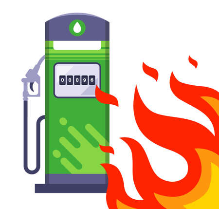 big fire next to the gas station. through the sound situation next to the gas station. flat vector illustration.のイラスト素材