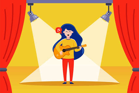 girl guitarist performs on stage. flat vector illustration.のイラスト素材