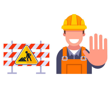 fences for road repair. restriction of travel on the highway. flat vector illustration.のイラスト素材