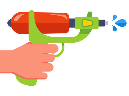 hand holds a plastic water gun. shoot water. flat vector illustration.のイラスト素材
