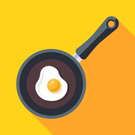 cook scrambled eggs in a hot frying pan. flat vector illustration.のイラスト素材