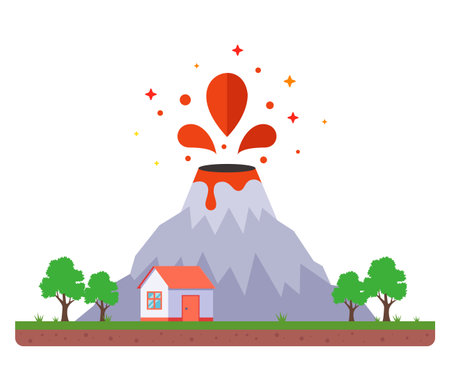 volcanic eruption dangerously close to home. flat vector illustration.のイラスト素材