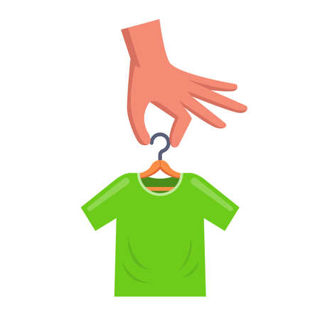 man is holding a hanger with a green t-shirt. flat vector illustration.のイラスト素材