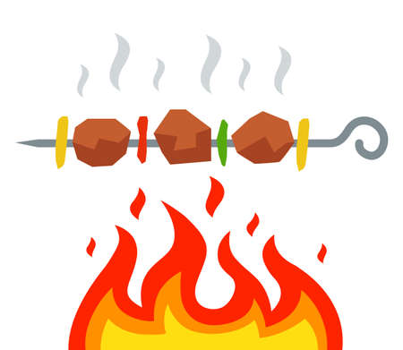 fry a kebab over an open fire. flat vector illustration.のイラスト素材