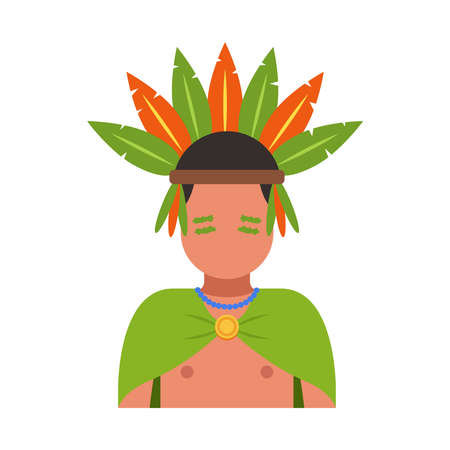 a man from the tribe with feathers on his head. flat vector illustration.のイラスト素材