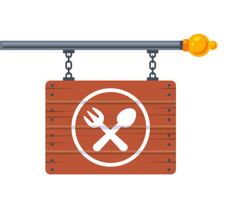 hanging wooden signboard with fork and spoon icon. advertising cafe. flat vector illustration.のイラスト素材