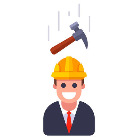 a hammer falling on a person in a helmet. flat vector illustration.のイラスト素材