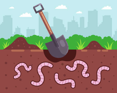 dig worms for fishing. shovel digs a hole. flat vector illustration.のイラスト素材