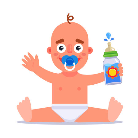 toddler holds a baby bottle with food. flat vector illustration.のイラスト素材