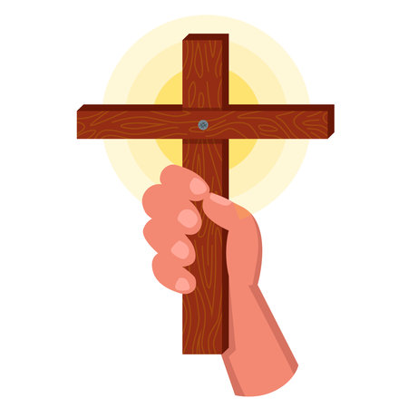 the believer holds a wooden cross in his hand. flat vector illustration.のイラスト素材