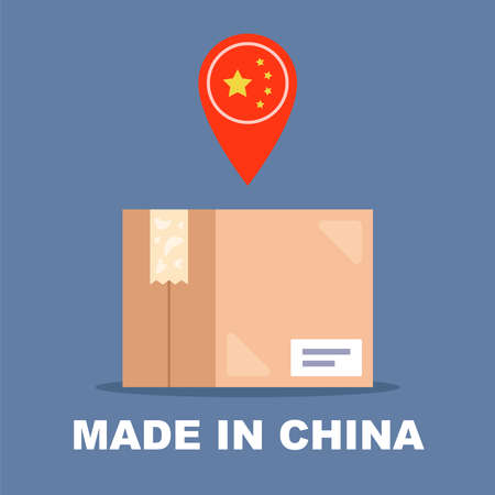 cardboard box with a label. package from china. flat vector illustration.のイラスト素材