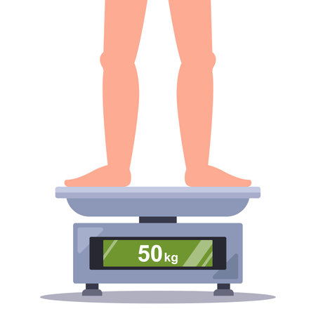 a person weighs his own weight on a bathroom scale. flat vector illustration.のイラスト素材