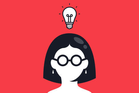 the girl with glasses came up with a brilliant idea. answer to the question. Flat character vector illustration.のイラスト素材