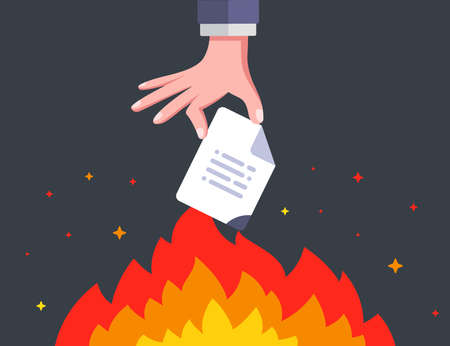 hand sets fire to an important document. destroy information forever. flat vector illustration.のイラスト素材