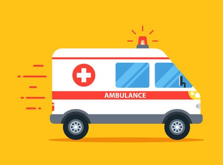 the ambulance goes to the call with the flasher on. Flat car vector illustration.のイラスト素材
