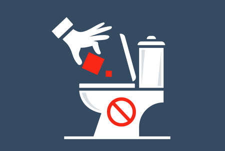 throw household waste into the toilet. flat vector illustration.のイラスト素材