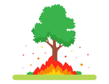 the tree burns in nature. big fire. flat vector illustration.のイラスト素材