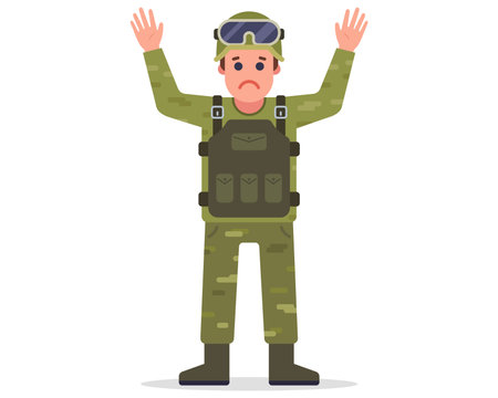 a captured soldier raises his hands and surrenders. Flat character vector illustration.のイラスト素材
