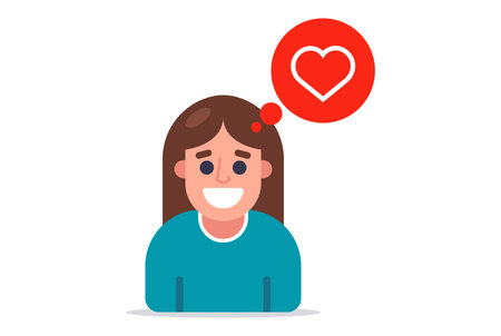 girl icon with bubble and heart inside. Knowledge in love on a white background. Flat character vector illustration.のイラスト素材
