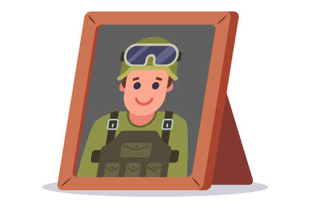 photo of a young soldier in a wooden frame. flat vector illustration.のイラスト素材