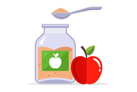 fruit applesauce in a glass jar. spoon with baby food. flat vector illustration.のイラスト素材
