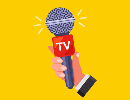 hand holds a microphone. The journalist is interviewing. flat vector illustration.のイラスト素材