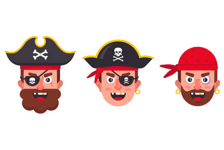 a set of faces of different pirates. characters of the pirate ship. flat vector illustration.のイラスト素材