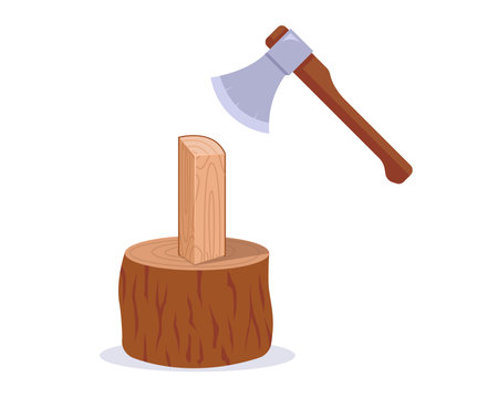 chop wood with an ax for heating. preparation of firewood for the winter. flat vector illustration.のイラスト素材