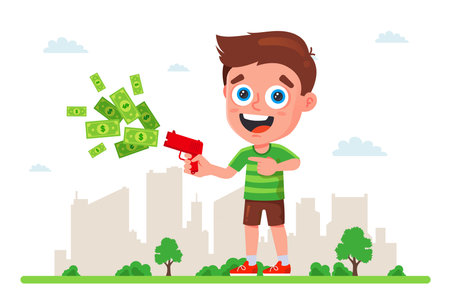 a young man shoots from a money pistol with gold bills. flat vector illustration.のイラスト素材