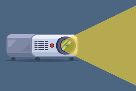 a projector is working in a dark room and showing a movie. flat vector illustration.
