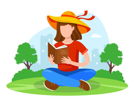a girl in the park sits and reads an interesting book. flat vector illustration.のイラスト素材
