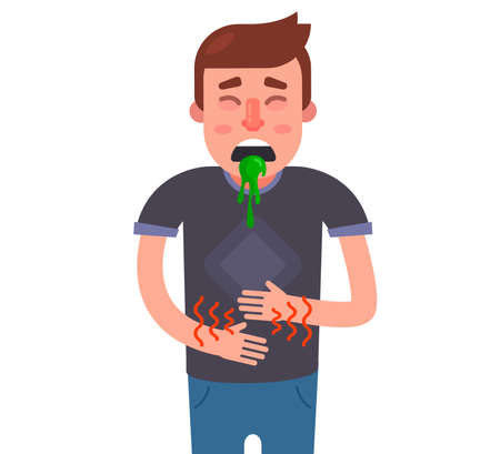 the man has nausea and a stomach ache. digestive problems. flat vector illustration.のイラスト素材