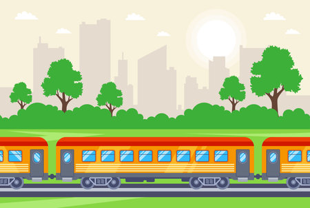 moving passenger cars on the background of the city. flat vector illustration.