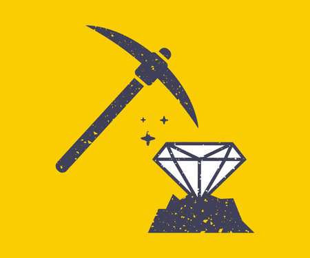 black icon of diamond mining with a pickaxe. flat vector illustration.