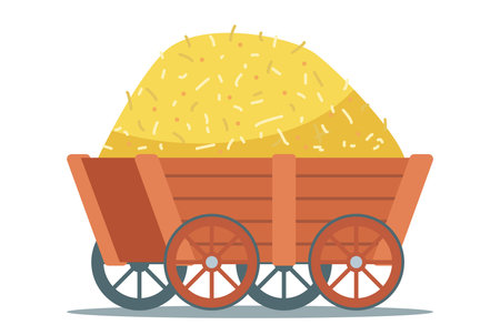 yellow haystack in a wooden cart. flat vector illustration.