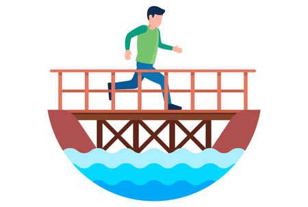 a pedestrian crosses the river through a wooden bridge. flat vector illustration.のイラスト素材